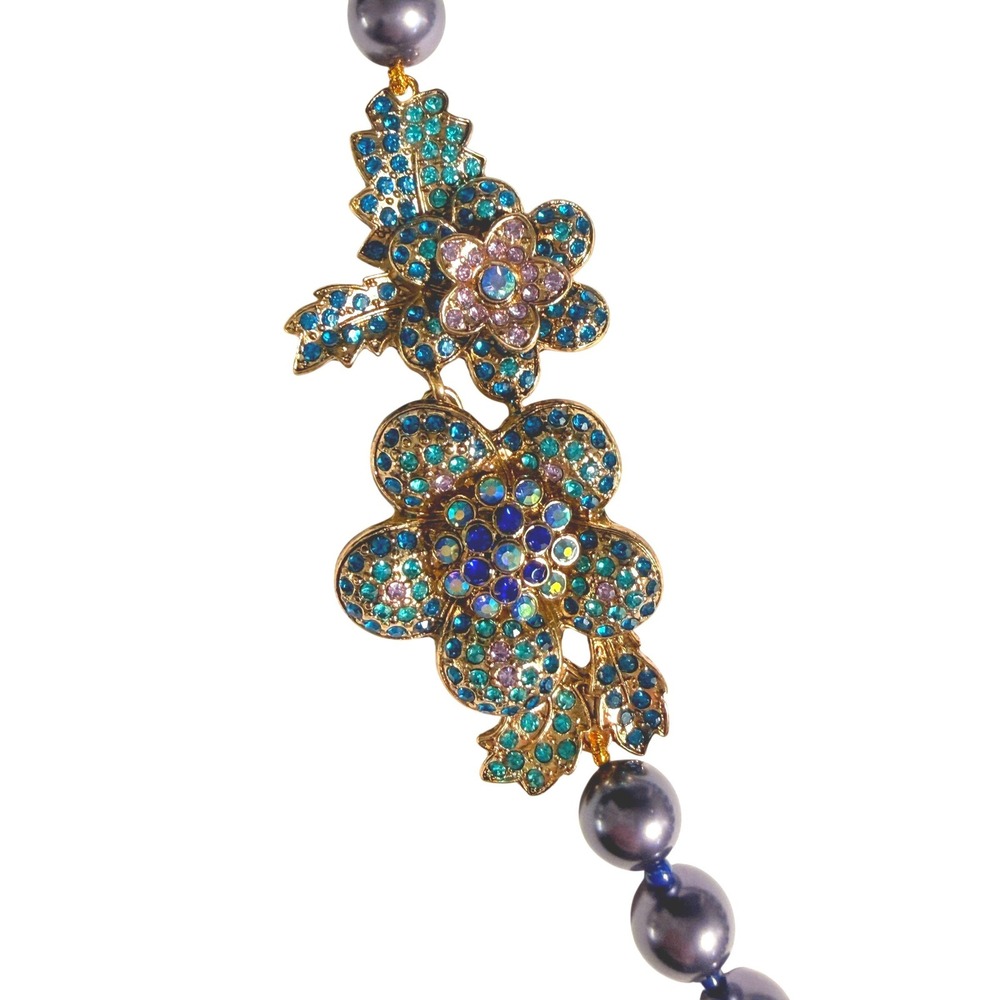 Li Hang Yuan Statement Grey Pearl & Aurora Borealis Crystal Flower Necklace OS